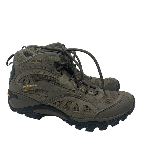 Merrell Vibram Gore-Tex Hiking Boots Olive Khaki Waterproof Trail Shoes 8 - Picture 2 of 15